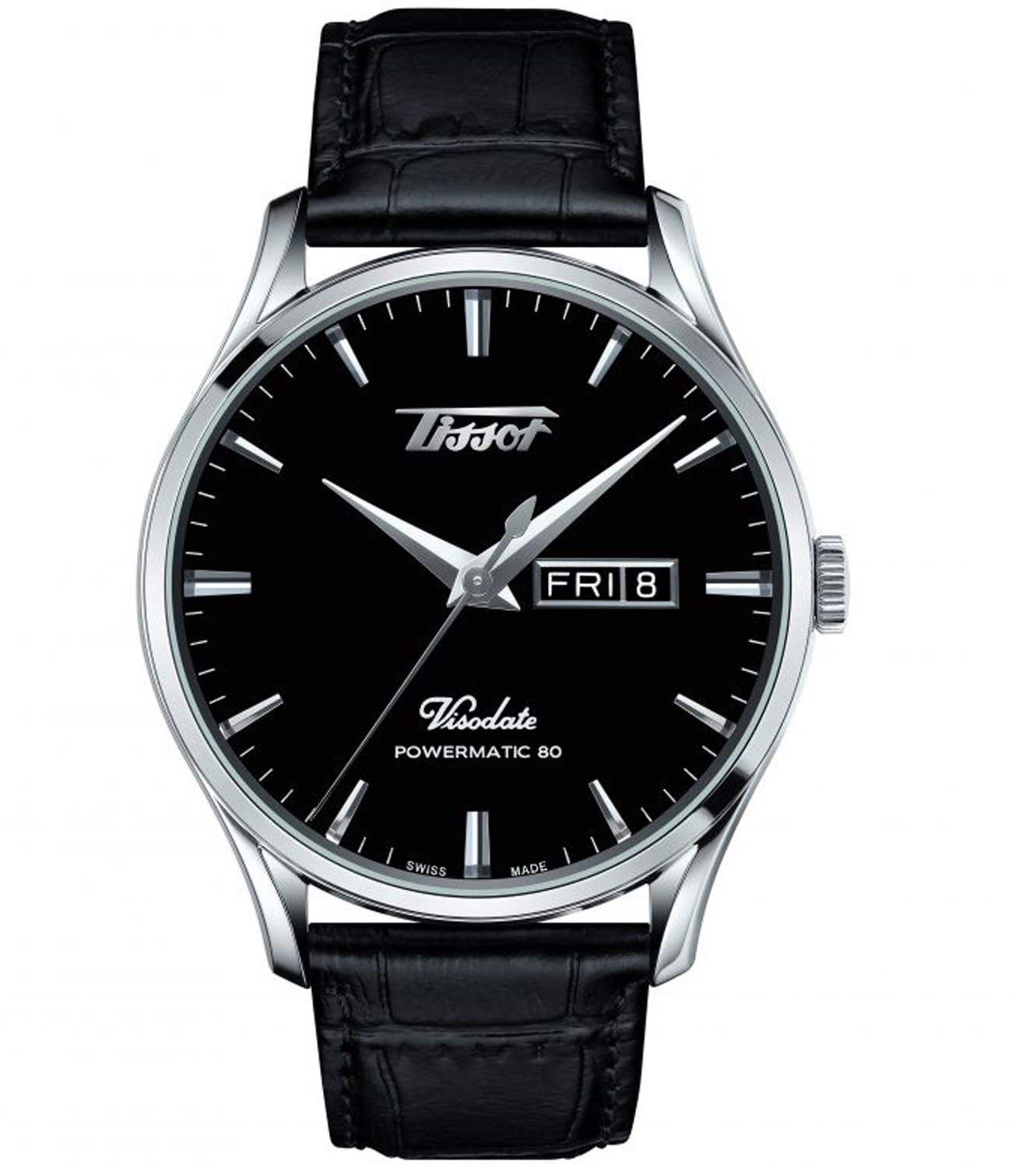 Tissot Tissot Heritage Visodate Powermatic 80 T118.430.16.051.00 Visodate T1184301605100 механические мужские часы черный циферблат, браслет кожаный — вид спереди